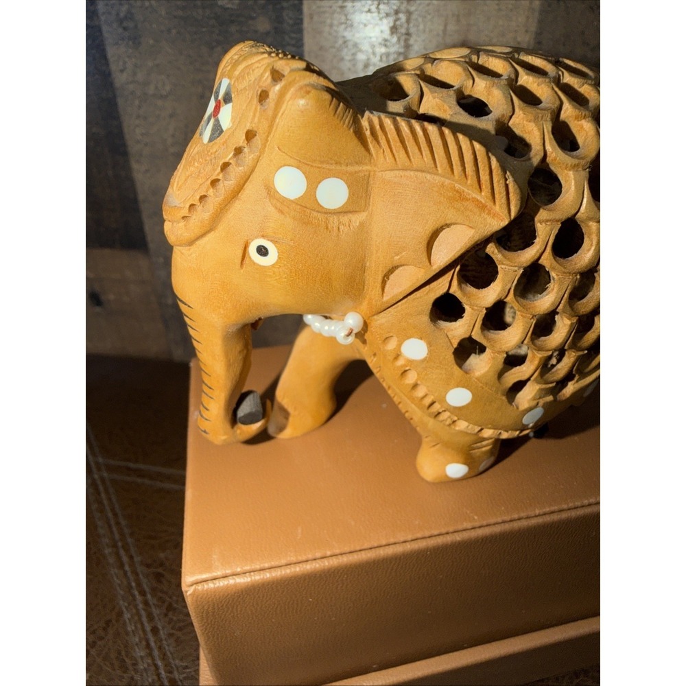 Hand Carved Wooden Pregnant Elephant Jali Undercut Lattice Figurine India Art - Picture 2 of 14
